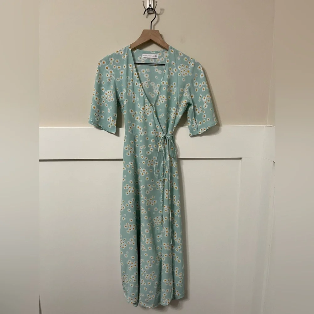 Faithfull The Brand Seafoam Green & Yellow Sunflower Midi Wrap Dress Size 2 - Picture 3 of 8